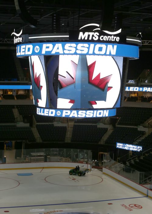 The new scoreboard and LED video rings at the MTS Centre. The upgrades are part of $12 million of building enhancements. The Winnipeg Jets showed off the upgrades on Sept. 16, 2015. Photo by Jason Halstead/Winnipeg Free Press