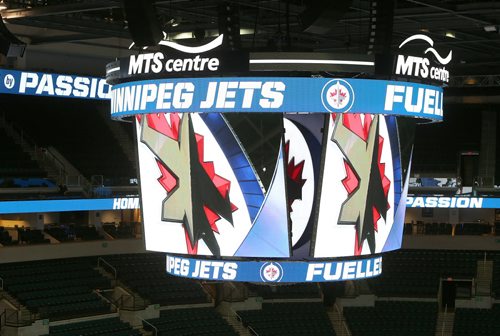 The new scoreboard and LED video rings at the MTS Centre. The upgrades are part of $12 million of building enhancements. The Winnipeg Jets showed off the upgrades on Sept. 16, 2015. Photo by Jason Halstead/Winnipeg Free Press