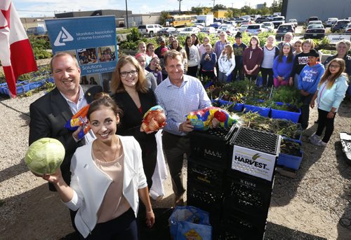 In the foreground is Adriana Findlay, Coordinator with Farm to School Healthy Choice Fundraiser, and from left, Larry McIntosh. president & CEO of Peak of the Market, Lindsey Mazur, Liaison for the Farm to School program, David Northcott, Executive Director at Winnipeg Harvest with East-Selkirk Middle School students and teacher Sheila Stark Perrault (past participants) for the launch of this years's Farm to Manitoba program.  The program is a healthy fundraiser for schools and daycare centres. It provides an opportunity to fundraise by selling bundles of locally grown vegetables with an option to purchase a bundle to be delivered to the Manitoba Association of Food Banks. The event was held in Winnipeg Harvests Community Garden on Thursday-Local Veggie Day.  see release.   Wayne Glowacki / Winnipeg Free Press September 17 2015