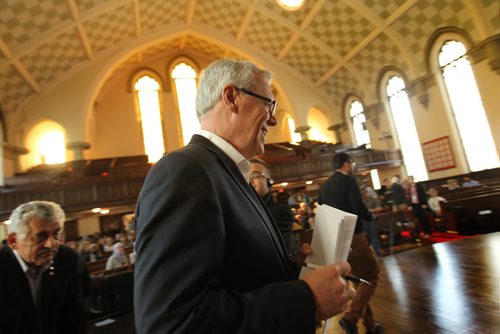 Premier Greg Selinger is all smiles as he walks up to the pulpit at Knox United Church just prior to announcing new funding for Syrian refugee's.  See Carol Sanders story   Sept 17, 2015 Ruth Bonneville / Winnipeg Free Press
