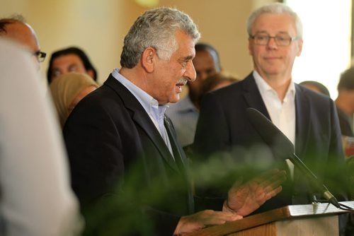 Mr. El Tassi, CEO of Peerless Garments and founder of the Islamic Social Services Association, speaks at Provincial press conference where Premier Selinger announced deeper commitment for Syrian refugees at  Knox United Church Thursday.   See Carol Sanders story   Sept 17, 2015 Ruth Bonneville / Winnipeg Free Press