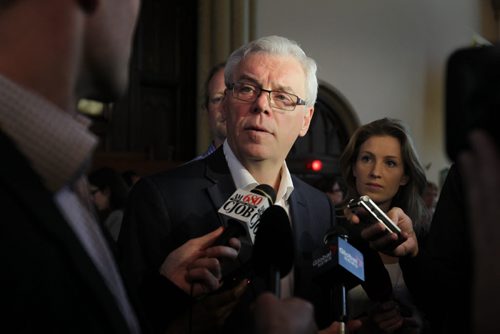 Premier Greg Selinger talks to reporters t at Knox United Church after announcing new funding for Syrian refugee's Thursday.   See Carol Sanders story   Sept 17, 2015 Ruth Bonneville / Winnipeg Free Press