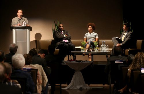 Joseph Boyden, Giller-prize-winning author, speaking, alongside Dr. Gerald Durley, Aisha Alfa, and James Wilson, at the Canadian Museum for Human Rights, Thursday, September 17, 2015. (TREVOR HAGAN/WINNIPEG FREE PRESS)