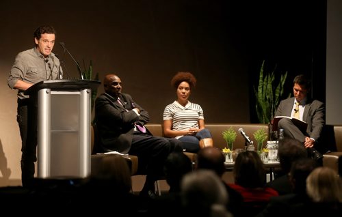 Joseph Boyden, Giller-prize-winning author, speaking, alongside Dr. Gerald Durley, Aisha Alfa, and James Wilson, at the Canadian Museum for Human Rights, Thursday, September 17, 2015. (TREVOR HAGAN/WINNIPEG FREE PRESS)