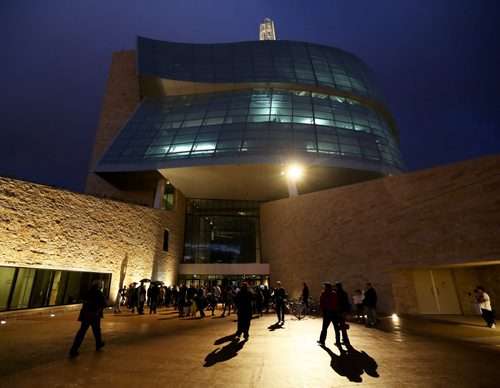 A group participating in Our Summit Winnipeg, gathering outside the Canadian Museum for Human Rights where Mayor Bowman's summit on Racial Inclusion was taking place, Thursday, September 17, 2015. (TREVOR HAGAN/WINNIPEG FREE PRESS)