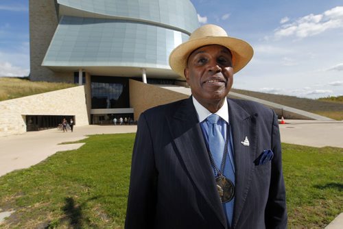 U.S. civil rights leader Rev. Gerald Durley poses in front the the Canadian Museum for Human Rights CMHR in Winnipeg. He spoke at the The One Summit. BORIS MINKEVICH / WINNIPEG FREE PRESS PHOTO Sept. 18, 2015