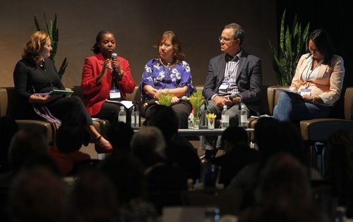 The One Summit at Canadian Museum for Human Rights CMHR in Winnipeg. left-right Marie Bouchard, Régine Uwibereyeho King, Trina Flett, Keith Neuman, and Diane Roussin. They were in Session #3 - How do we move forward toward racial justice and reconciliation?  BORIS MINKEVICH / WINNIPEG FREE PRESS PHOTO Sept. 18, 2015