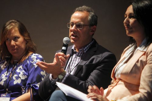 The One Summit at Canadian Museum for Human Rights CMHR in Winnipeg. left-right Trina Flett, and Keith Neuman, Diane Roussin. They were in Session #3 - How do we move forward toward racial justice and reconciliation?  BORIS MINKEVICH / WINNIPEG FREE PRESS PHOTO Sept. 18, 2015