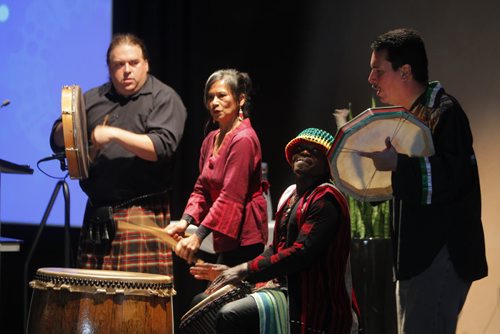 The One Summit at Canadian Museum for Human Rights CMHR in Winnipeg. Entertainment called 4 Direction Drummers perform between sessions.   BORIS MINKEVICH / WINNIPEG FREE PRESS PHOTO Sept. 18, 2015