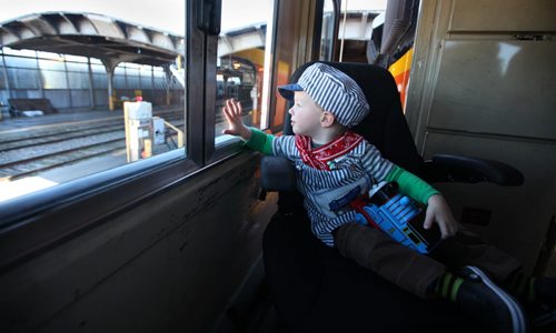 Two-and-a-half year old Owen Montgomery holds his Thomas Tank Engine while sitting on a train engine  during  Railway Days, in the Via Union Station Saturday. Standup photo Sept 19, 2015   Ruth Bonneville /Winnipeg Free Press