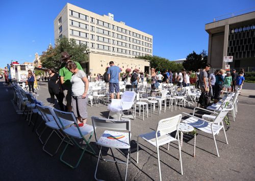 Chairs set up for musical chairs as part of Chair Your Ideas in front of City Hall, Saturday, September 19, 2015. (TREVOR HAGAN / WINNIPEG FREE PRESS)