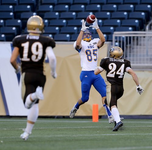 University of British Columbia Thunderbirds' Alex Morrison catches a touchdown pass behind University of Manitoba Bisons' Cam Teschuk (24), during the first half of their game, Saturday, September 19, 2015. (TREVOR HAGAN/WINNIPEG FREE PRESS)