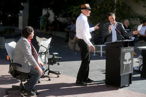 Stefano Grande, Peter Jordan, and Mayor Brian Bowman, during the "Peoples Choice" selections of Chair Your Ideas on King Street in front of City Hall, Saturday, September 19, 2015. (TREVOR HAGAN/WINNIPEG FREE PRESS)