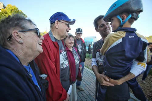 Mayor Brian Bowman introduces his son to Terry Fox's father Rolland just before the 35th annual Terry Fox run/walk/bike at Assiniboine Park Sunday morning.  150920 September 20, 2015 MIKE DEAL / WINNIPEG FREE PRESS