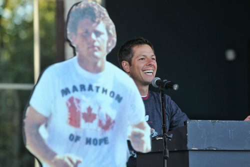 Mayor Brian Bowman congratulates the assembled cancer survivors and participants just before the 35th annual Terry Fox run/walk/bike at Assiniboine Park Sunday morning.  150920 September 20, 2015 MIKE DEAL / WINNIPEG FREE PRESS
