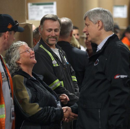 Prime Minister Stephen Harper  meets workers at the Bison trucking warehouse in Winnipeg Tuesday- See Mary Agnes Welch Story- Sept 22, 2015   (JOE BRYKSA / WINNIPEG FREE PRESS)