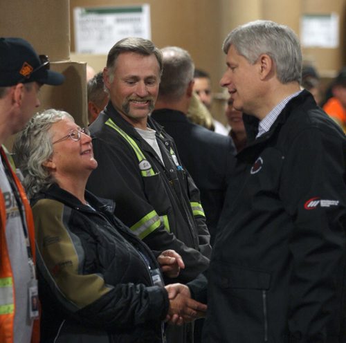 Prime Minister Stephen Harper meets workers at the Bison trucking warehouse in Winnipeg Tuesday- See Mary Agnes Welch Story- Sept 22, 2015 (JOE BRYKSA / WINNIPEG FREE PRESS)
