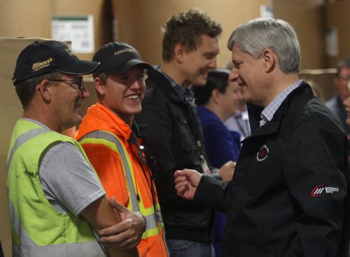 Prime Minister Stephen Harper meets workers at the Bison trucking warehouse in Winnipeg Tuesday- See Mary Agnes Welch Story- Sept 22, 2015   (JOE BRYKSA / WINNIPEG FREE PRESS)