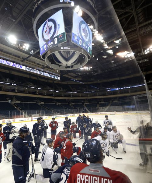 Winnipeg Jets practice Tuesday morning for the pre-season game against the Minnesota Wild at 7P.M. Tuesday in the MTS Centre. Fans will also have the opportunity to check out the new high definition scoreboard which features four primary screens.     Gary Lawless Tim Campbell Story. Wayne Glowacki / Winnipeg Free Press September 22 2015