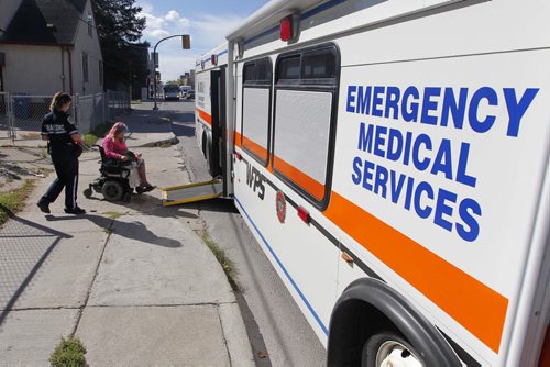 Emergency Program in the Community (EPIC). After Paramedic Karen Martin visited Tammy in her home the assessment caught a possible blood clot in there leg and they transported her to hospital using the MERV. The MERV was used to accommodate her electric wheelchair. BORIS MINKEVICH / WINNIPEG FREE PRESS PHOTO Sept. 22, 2015