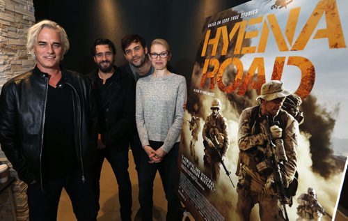 From left, Paul Gross, director, writer and stars in the movie Hyena Road with actors  Allan Hawco , Rossif Sutherland and Christine Horne at the Grant Park Cinemas Wednesday for media interviews.  The exclusive screening  of the movie will take place at the Centennial Concert Hall on Sept. 23.  Paul Gross, Rossif Sutherland, Christine Horne with Allan Hawco will be in attendance alongside other members of the Canadian cast and crew, government officials and members of the national and local film industry.  Randall King story  Wayne Glowacki / Winnipeg Free Press September 23 2015