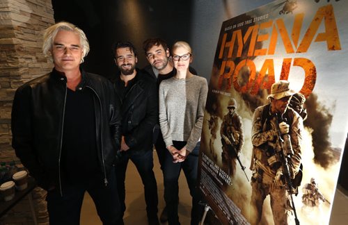 From left, Paul Gross, director, writer and stars in the movie Hyena Road with actors  Allan Hawco , Rossif Sutherland and Christine Horne at the Grant Park Cinemas Wednesday for media interviews.  The exclusive screening  of the movie will take place at the Centennial Concert Hall on Sept. 23.  Paul Gross, Rossif Sutherland, Christine Horne with Allan Hawco will be in attendance alongside other members of the Canadian cast and crew, government officials and members of the national and local film industry.  Randall King story  Wayne Glowacki / Winnipeg Free Press September 23 2015