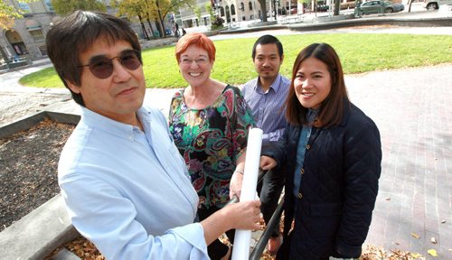 Left to Right, Thongsay (Ken) Phanlouvong is vice president and founder, Linda Lindsay, Setha Phanlouvong and Ari Phanlouvong, all of School For Kids in Laos the schools. See Kevin Rollason story. September 23, 2015 - (PHIL HOSSACK / WINNIPEG FREE PRESS)