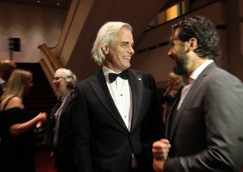 Canadian cast members of Hyena Road Paul Gross (left)  and Allan Hawco, make their way through the VIP crowds to the second level of the  Centennial Concert Hall Wednesday evening for an exclusive screening of the show. Sept 23, 2015 Ruth Bonneville / Winnipeg Free Press