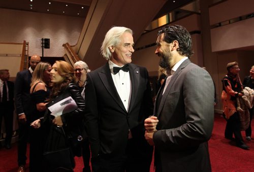 Canadian cast members of Hyena Road Paul Gross (left)  and Allan Hawco, make their way through the VIP crowds to the second level of the  Centennial Concert Hall Wednesday evening for an exclusive screening of the show. Sept 23, 2015 Ruth Bonneville / Winnipeg Free Press