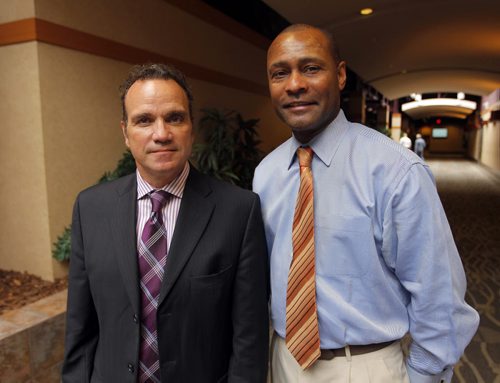 Training workshop currently underway on the topic of Fair and Impartial Policing. Winnipeg Police Service Deputy Chief Danny Smyth and Chief (Ret.) Noble Wray, who spent 30 years with the Madison Wisconsin Police Department. They pose for a photo at the Canad Inns Polo Park. BORIS MINKEVICH / WINNIPEG FREE PRESS PHOTO Sept. 24, 2015