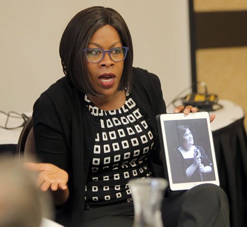 Training workshop currently underway on the topic of Fair and Impartial Policing at Canad Inns Polo Park. Retired Lt. Sandra Brown, from Palo Alto, CA, works with police officers. Here she shows a photo of Susan Boyle who is used as an example impressions. BORIS MINKEVICH / WINNIPEG FREE PRESS PHOTO Sept. 24, 2015