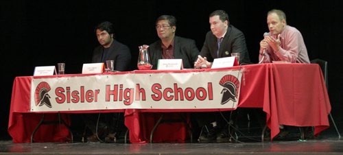 All Candidates debate at Sisler High Thursday afternoon, left to right, Harpreet Turka (Conservative), Levy Abad (NDP), John Redekopp (Green) and Kevin Lamoureaux (Liberal) See story. September 24, 2015 - (PHIL HOSSACK / WINNIPEG FREE PRESS)