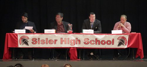 All Candidates debate at Sisler High Thursday afternoon, left to right, Harpreet Turka (Conservative), Levy Abad (NDP), John Redekopp (Green) and Kevin Lamoureaux (Liberal) See story. September 24, 2015 - (PHIL HOSSACK / WINNIPEG FREE PRESS)