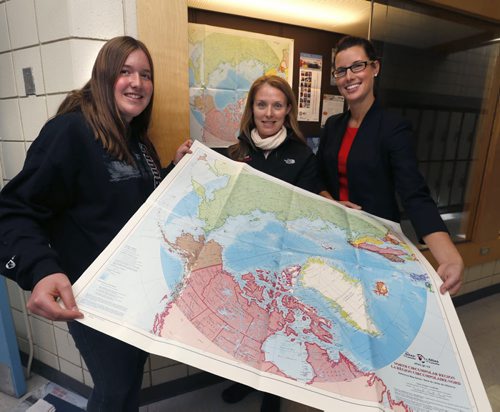 From left, Cami Daeninck, a Collège Jeanne-Sauvé student will be heading up north to be on a research ship for 10 days. She is at school with Michelle Watts, Program Coordinator at Schools on Board - ArcticNet and Jolene Capina, Sciences Dept. Head.    Kevin Rollason story  Wayne Glowacki / Winnipeg Free Press September 24 2015
