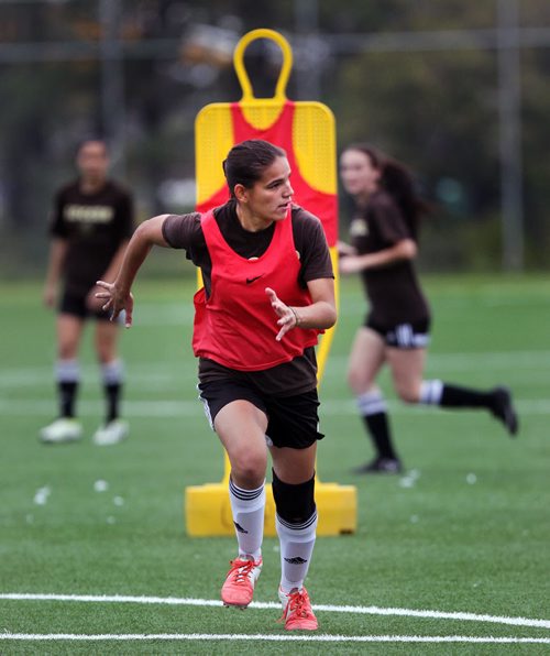 Brazilian scorer, Bruna Mavignier works out with the Bisons Thursday, they are gearing up to host Calgary and Lethbridge this weekend. Before that, we caught up with star forward Bruna Mavignier, who is from Brazil, to learn about how she came to Canada and three years later is now the leading scorer in Canada  West. See story. September 24, 2015 - (PHIL HOSSACK / WINNIPEG FREE PRESS)