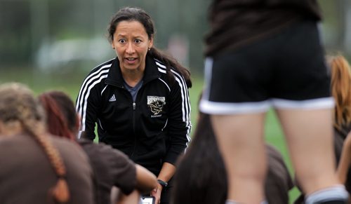 In intense Bisons coach Vanessa Martinez Lagunas imparts her passion to the Bisons Thursday, they are gearing up to host Calgary and Lethbridge this weekend.  See story. September 24, 2015 - (PHIL HOSSACK / WINNIPEG FREE PRESS)