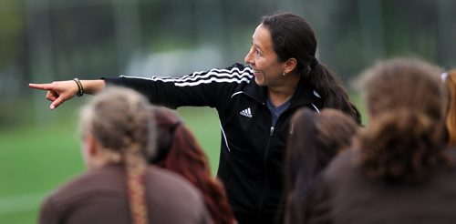 In intense Bisons coach Vanessa Martinez Lagunas points out her passion to the Bisons Women soccer team Thursday, they are gearing up to host Calgary and Lethbridge this weekend.  See story. September 24, 2015 - (PHIL HOSSACK / WINNIPEG FREE PRESS)