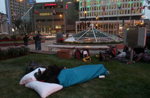One of about 6 homeless people that joined 100 heads of companies and community leaders at the fifth annual CEO Sleepout early Friday morning at 201 Portage Ave  The event wrapped up at 7 Am and most of the CEOs were up and back to their jobs- Since 2011, the event has raised more than half a million dollars and has enabled the hiring of 137 people.- Standup Photo- Sept 25, 2015   (JOE BRYKSA / WINNIPEG FREE PRESS)