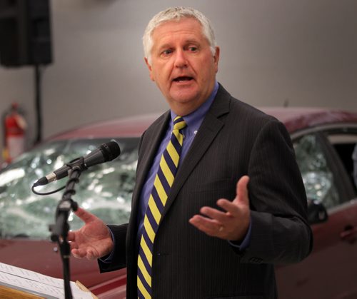 Gord MacIntosh makes an MPI announcement today eliminating deductable in some cases for vandalism. See Geoff Kirbyson's story. September 25, 2015 - (PHIL HOSSACK / WINNIPEG FREE PRESS)