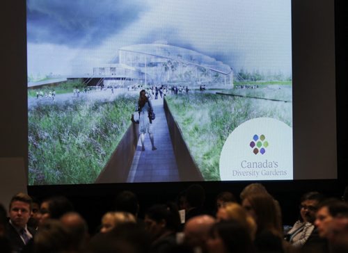 Artist rendition of the Canada's Diversity Gardens project for the Assiniboine Park Zoo is shown at the Winnipeg Chamber of Commerce luncheon Friday. Ashley Prest Wayne Glowacki / Winnipeg Free Press September 25 2015
