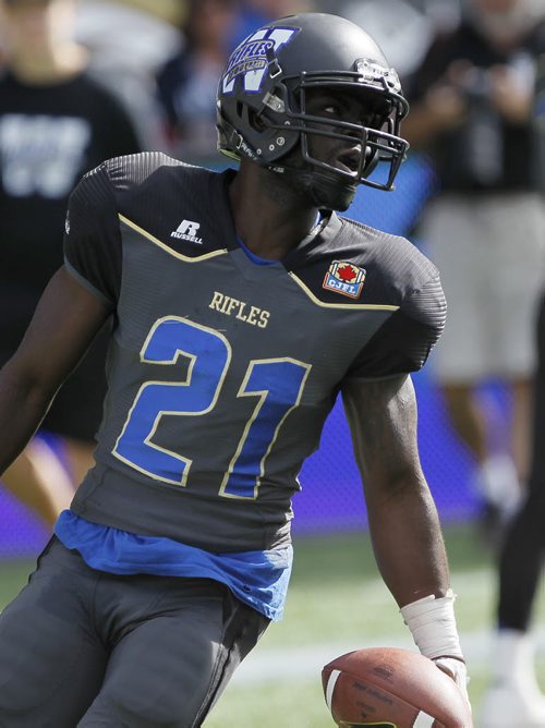 July 26, 2015 - 150726  -  Winnipeg Rifles' Ogidan Odun (21) celebrates his touchdown against the Edmonton Wildcats at IGF Sunday, September 27, 2015. John Woods / Winnipeg Free Press