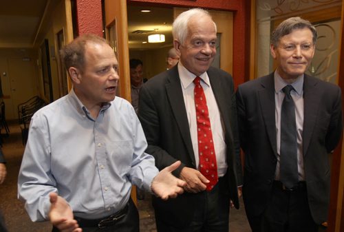 Liberals Kevin Lamoureux, John McCallum ( liberal candidate for John McCallum) and Terry Dugid speak to the media Monday morning about the Liberal plan for immigration in Canada - See Carol Sanders story- Sept 28, 2015   (JOE BRYKSA / WINNIPEG FREE PRESS)