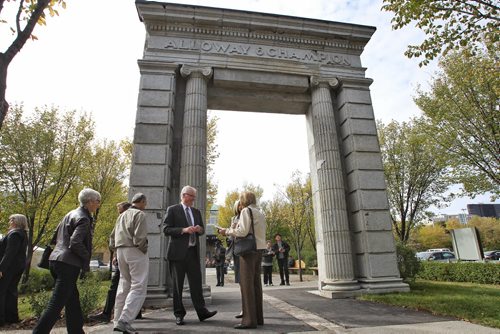 The Alloway Arch was unveiled at The Forks by Richard Frost (centre) CEO of The Winnipeg Foundation Tuesday afternoon.  150929 September 29, 2015 MIKE DEAL / WINNIPEG FREE PRESS