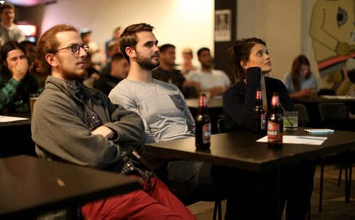 From left, Tyler Ibrahim,  Brent Biglow and Joanna Vaccaro. Intersection. TV Trivia Night at Handsome Daughter featuring the show, It's Always Sunny in Philadelphia, Wednesday, September 30, 2015. (TREVOR HAGAN/WINNIPEG FREE PRESS) - for dave sanderson