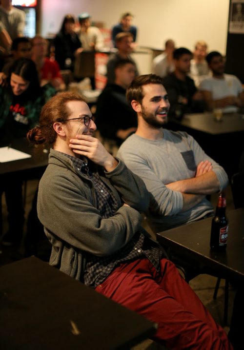From left, Tyler Ibrahim and Brent Biglow. Intersection. TV Trivia Night at Handsome Daughter featuring the show, It's Always Sunny in Philadelphia, Wednesday, September 30, 2015. (TREVOR HAGAN/WINNIPEG FREE PRESS) - for dave sanderson