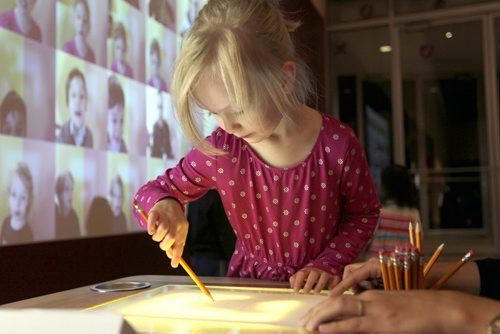 Three-year-old Teagan (no last name used)  along with other children from  Bumper Crop Early Learning Centre are the first to enjoy the  vividly colourful, play-based exhibition at  CMHR called XOXO which opens this Sunday (October 4) and runs until January 3, 2016. The gallery is hands-on interactive technology to help children understand, appreciate and express their emotions. Families can explore and discuss powerful feelings about love and forgiveness that underpin human rights.  Standup Oct 01, 2015 Ruth Bonneville / Winnipeg Free Press