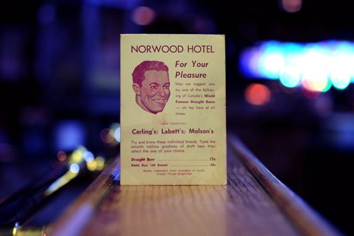 Sunday, This City, Column : Photo of The Norwood Hotel old table tent, in the beverage room of the iconic family run hotel.  His father, Merle Sparrow bought the hotel and beverage room in 1938 at the same location,  112 Marion St.  See Dave Sanderson story.  Oct 01, 2015 Ruth Bonneville / Winnipeg Free Press