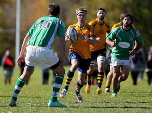 Andrew Sheldon, from the Winnipeg Saracens, carries the ball before while playing against the Wanderers during their finals game at Maple Grove Rugby Park, Saturday, October 3, 2015. (TREVOR HAGAN/WINNIPEG FREE PRESS)