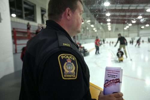 Wpg. Police Constable, Brad Sparrow attends the Jonathan Toews Sportsplex on Dakota street  to announce. for the first time, that police will be inside arenas around Winnipeg monitoring minor hockey games this season. The initiative CHECK-ing In was sparked after an aggressive hockey season last year that gave the game a black eye with three to five serious incidents, in some cases ending in charges being laid.   See Rollason's story,     Oct 03, 2015 Ruth Bonneville / Winnipeg Free Press