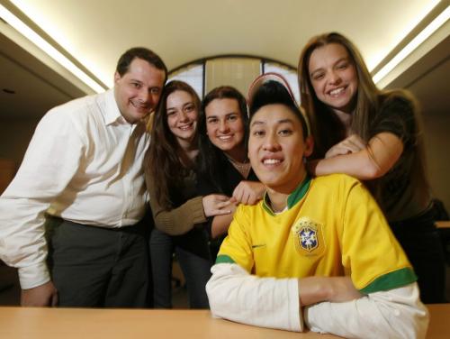 John Woods / Winnipeg Free Press / January 3, 2008 - 080103  - Team Brazil (LtoR) Fabriano Rodrigues, team advisor, Laura Horta, Beatriz Petrella, Jonathan Kwok, and Mayra Dietzold pose for a photograph at the Asper School of Business at the University of Manitoba Thursday, January 3, 2003.   Team Brazil and others are competing in the Manitoba International Marketing Competition.